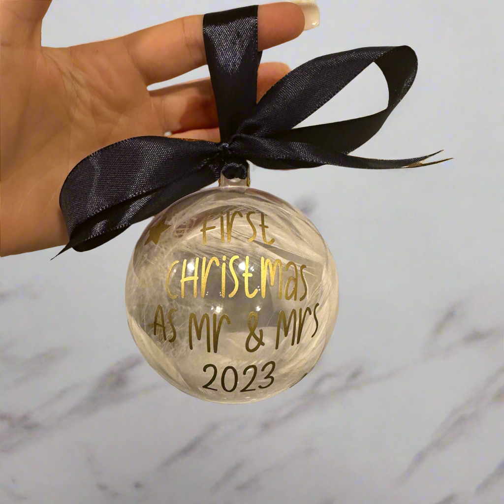 Personalised Any Wording Clear Feather Christmas Tree Hanging Decoration Bauble